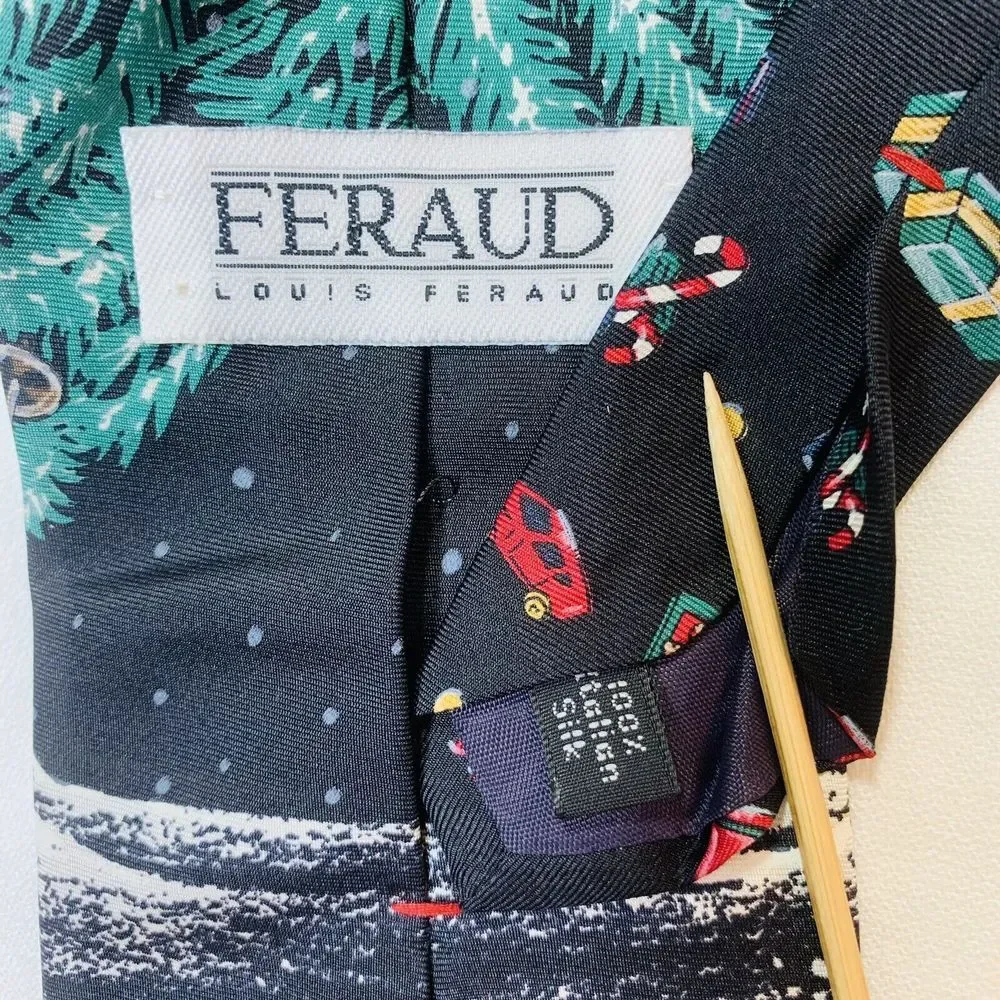 Louis Feraud Christmas Silk Necktie Tie Santa Claus Skis Skiing Outdoorsy Office